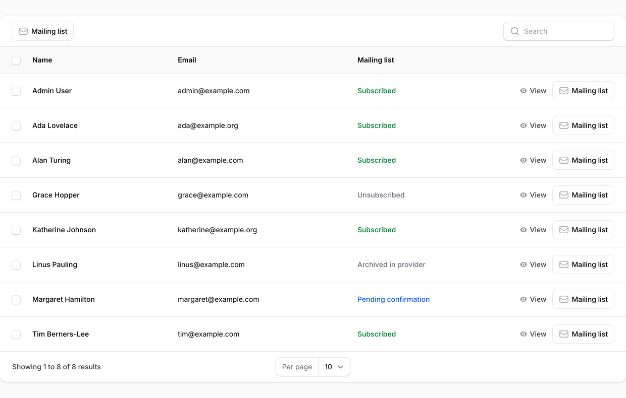 The Users table with the mailing-list status column and actions in a Filament panel
