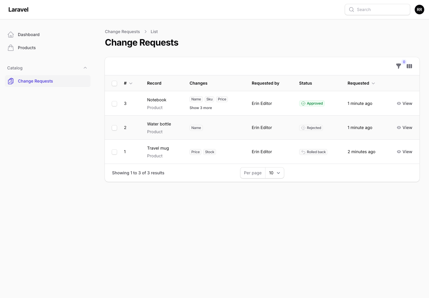 The change requests list