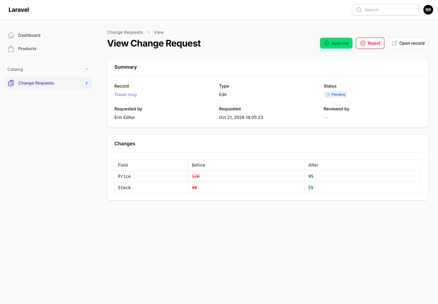 A change request with its field-by-field diff
