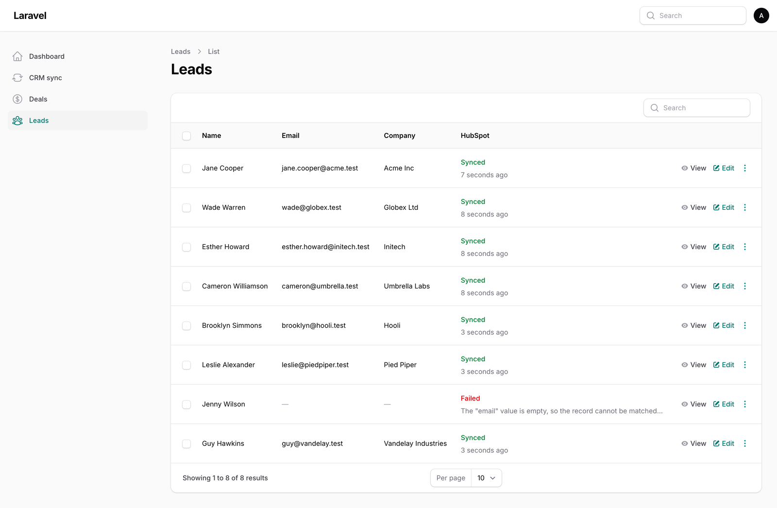 The sync status column on a Filament leads table after a bulk sync to HubSpot