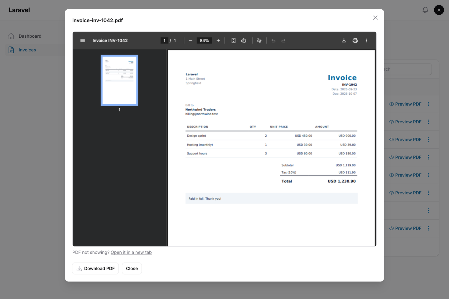 Previewing an invoice PDF in a Filament modal