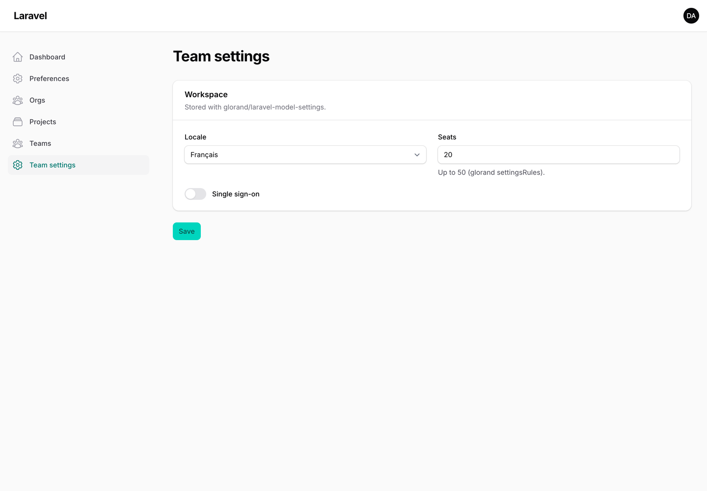 A team settings page built with Record Settings in a Filament panel