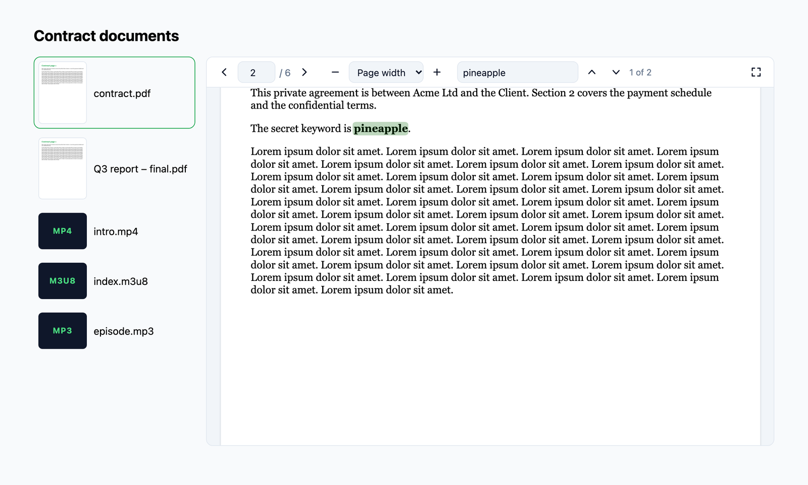 A Livewire file gallery with PDF thumbnails, and the PDF viewer showing a search match