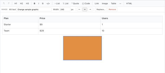 BlockCraft's Image bar for a selected, centered image: alt text, a 240 px width, alignment buttons, Replace and Remove