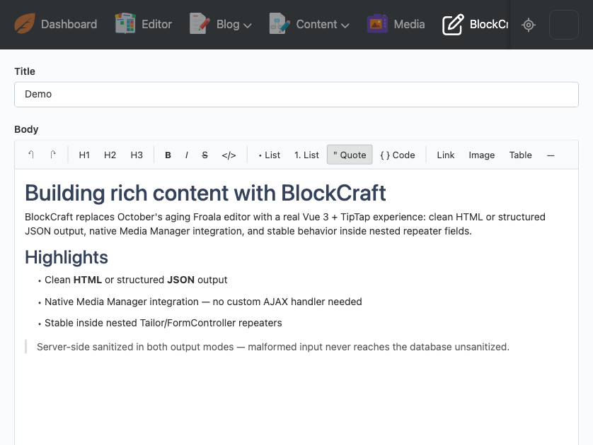 BlockCraft's TipTap editor showing a heading, paragraph, bulleted feature list, and blockquote, live in a real October CMS backend form