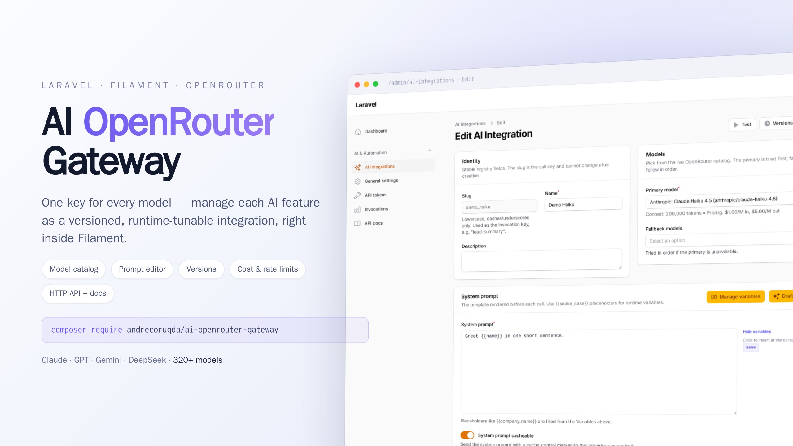 AI OpenRouter Gateway — one OpenRouter key for every model, managed in Filament