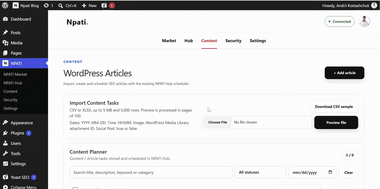 Creating and scheduling a WordPress article task and reviewing it in the content calendar