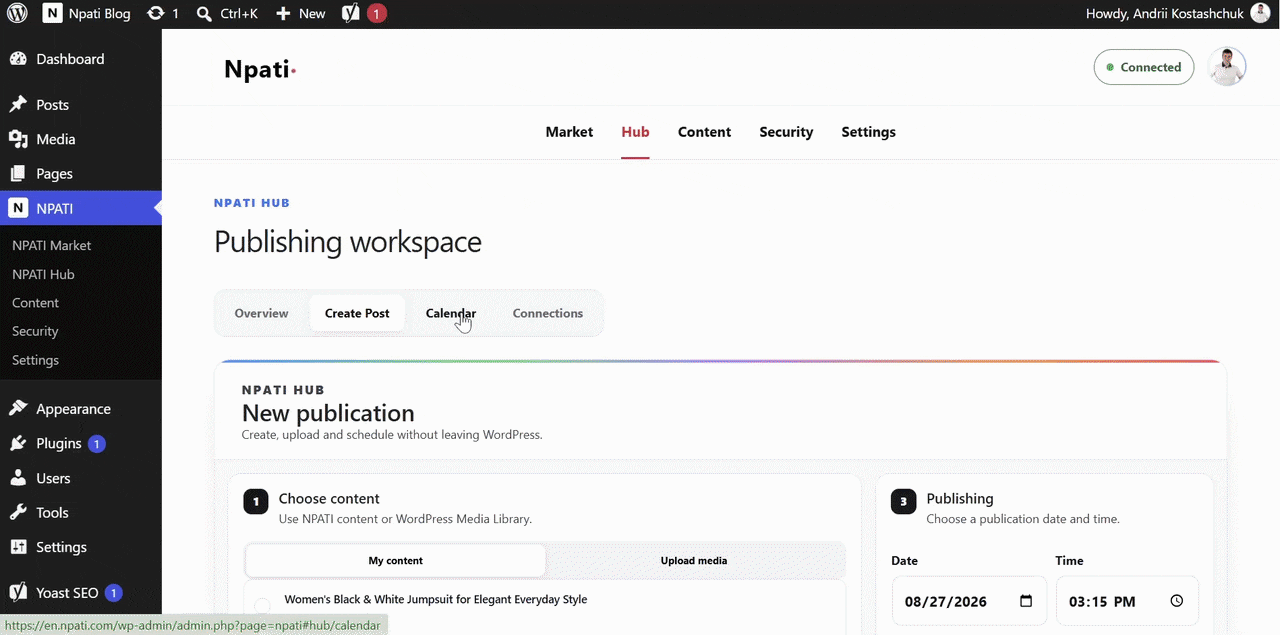 Using the NPATI Hub publication calendar and connected social media services in WordPress