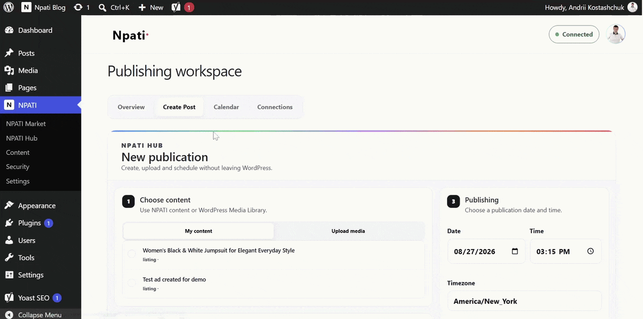 Creating and scheduling a social media post from the NPATI Hub WordPress workspace