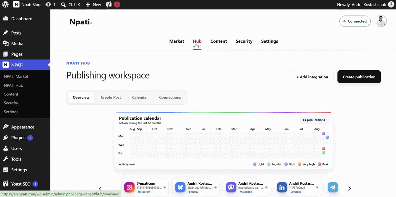 Reviewing scheduled publications, calendar activity, and integrations in NPATI Hub for WordPress