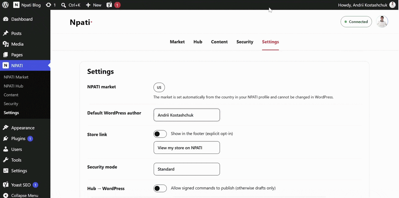 Configuring WordPress publishing settings and an optional OpenAI model in NPATI Content Automation