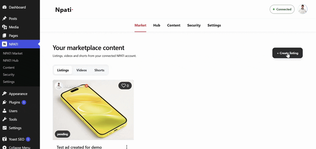 Creating an NPATI marketplace listing with a title, category, and product description in WordPress