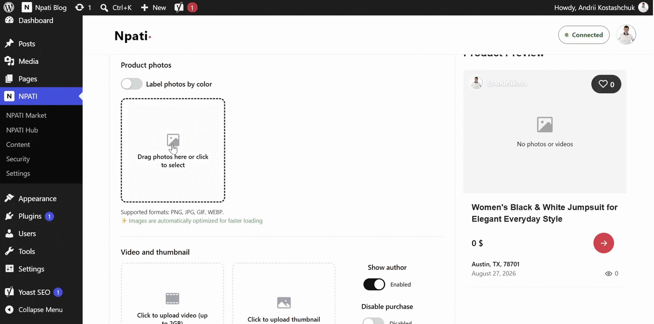 Uploading product photos to an NPATI listing from WordPress