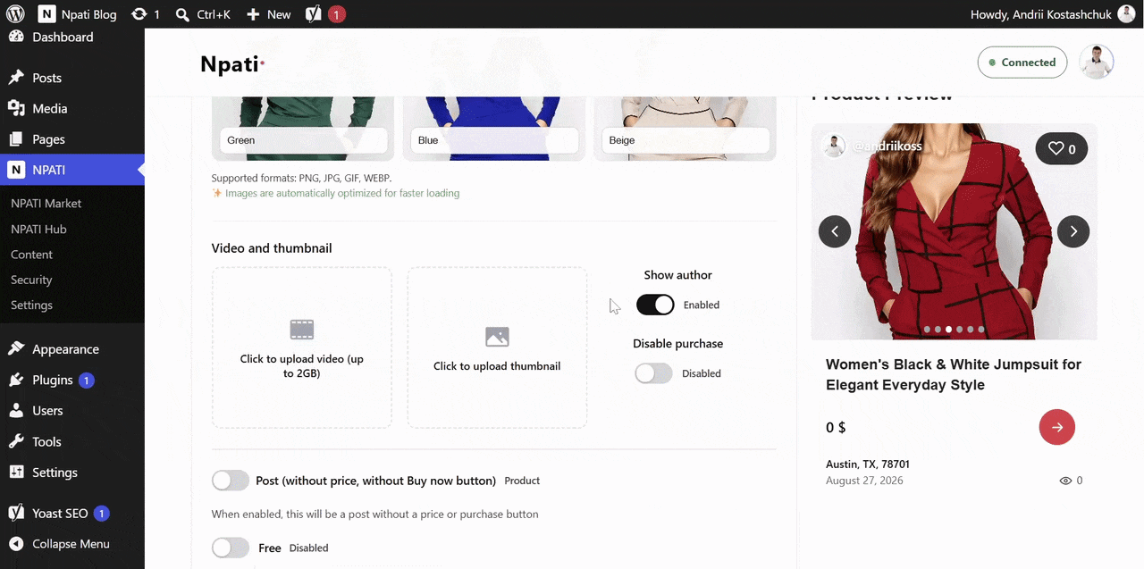 Creating an NPATI listing with six product photos and a video