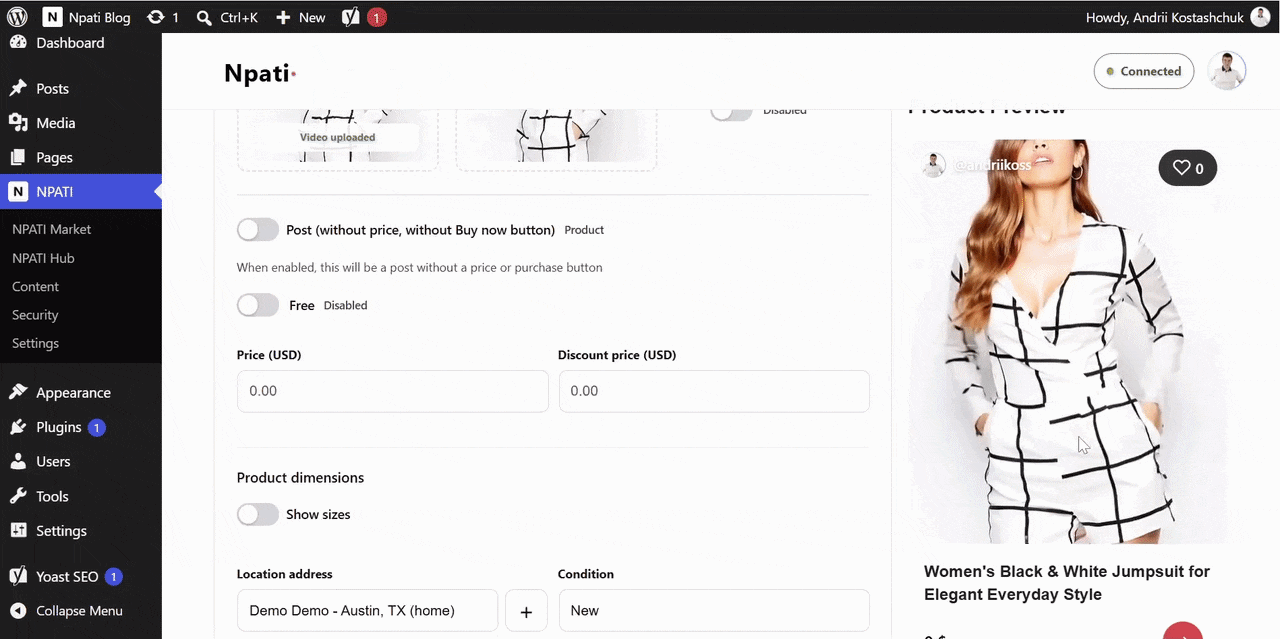 Setting a product price and publishing an NPATI listing from WordPress