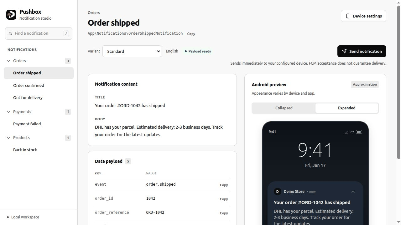 Pushbox workspace with notification content, data payload, and an expanded Android preview