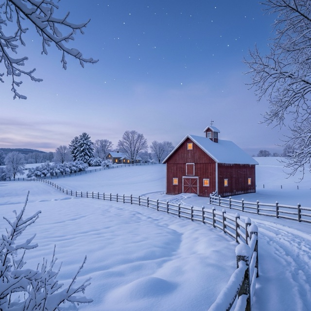 The same barn and fence covered in snow on a winter evening