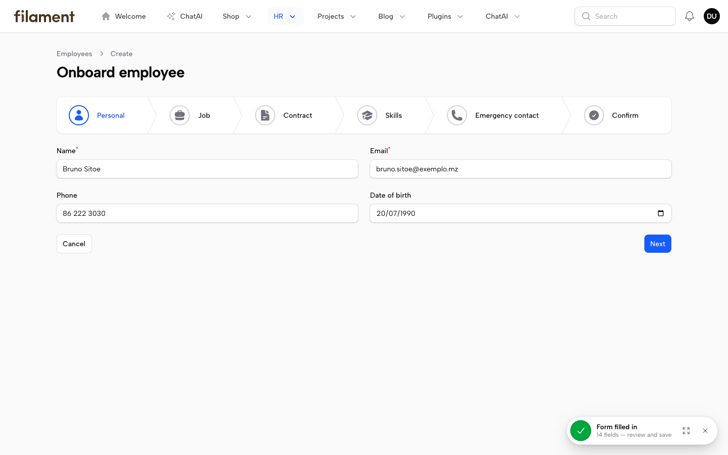 Form filled in, minimised bar with review and save