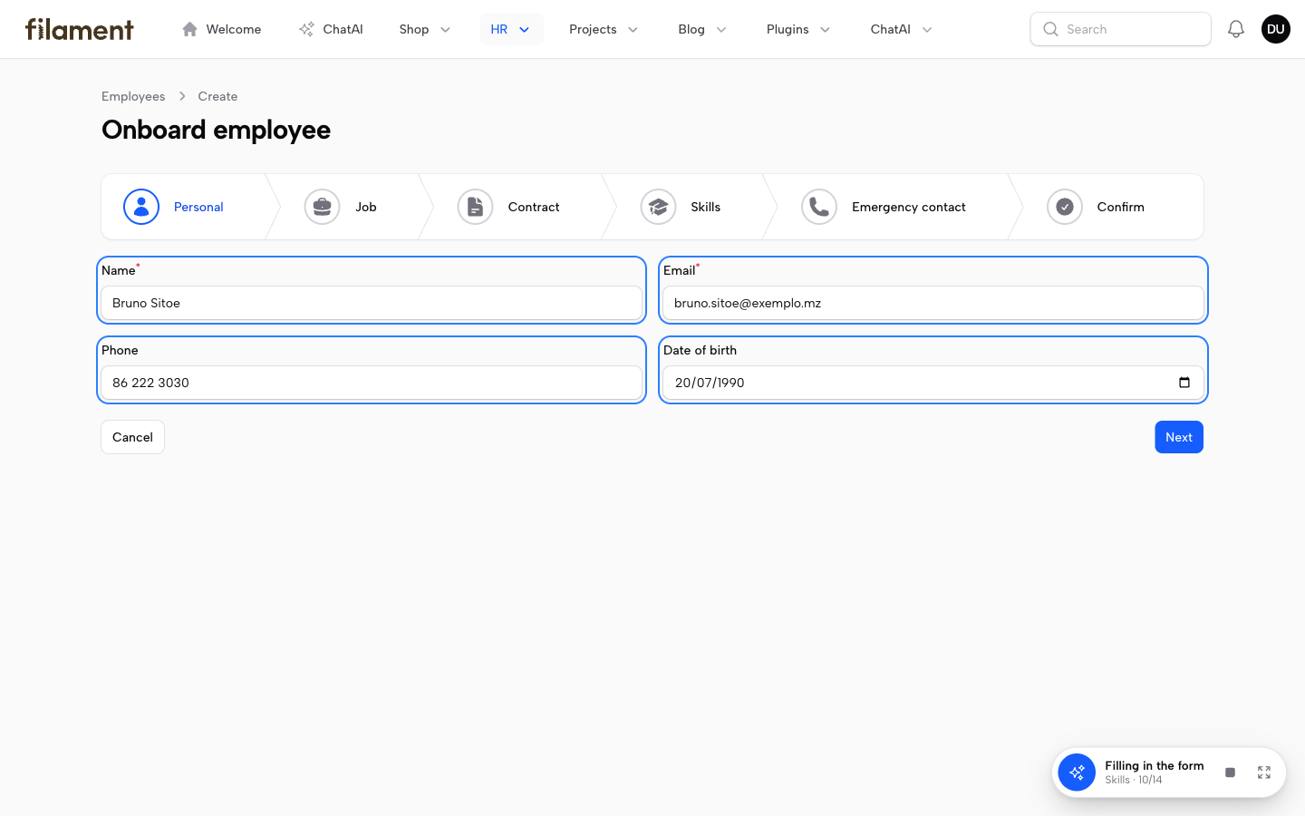 The assistant filling a form, minimised to a bar