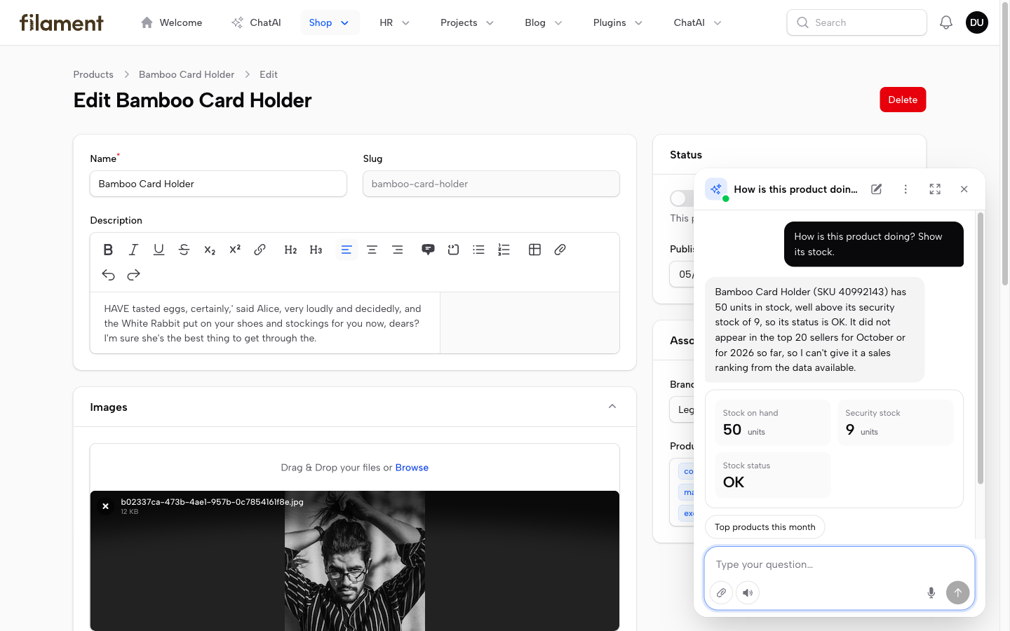 Floating chat over a product edit page