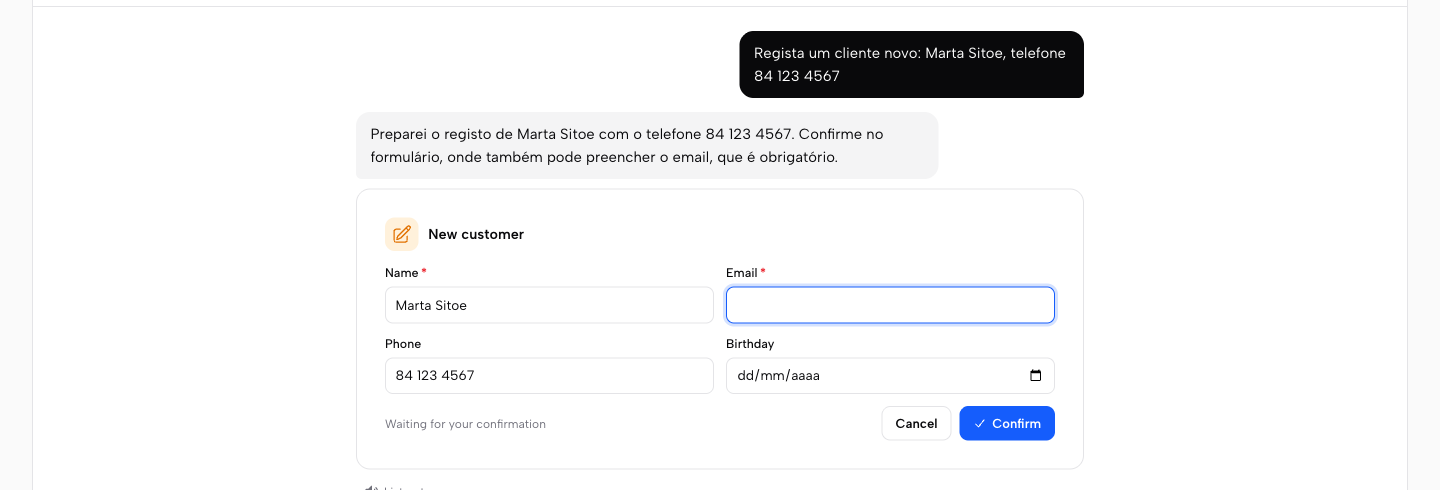 A form in the chat to register a customer