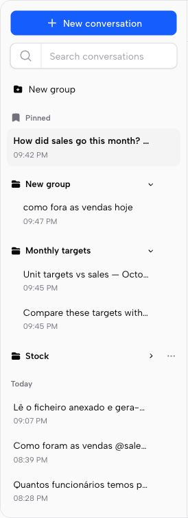 History with pinned conversations and groups