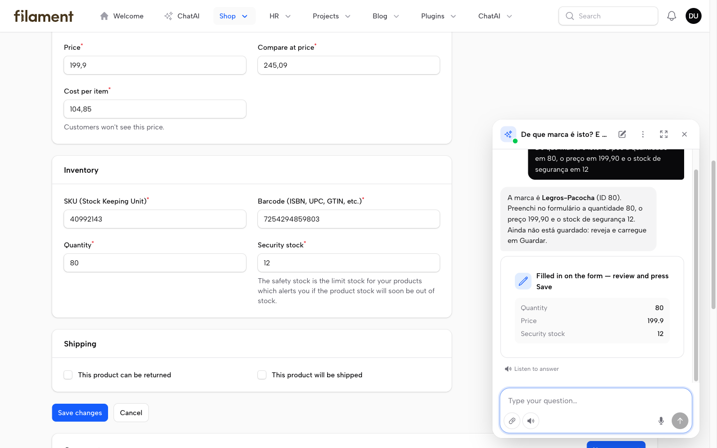 Fields filled in on the page and summary in the chat