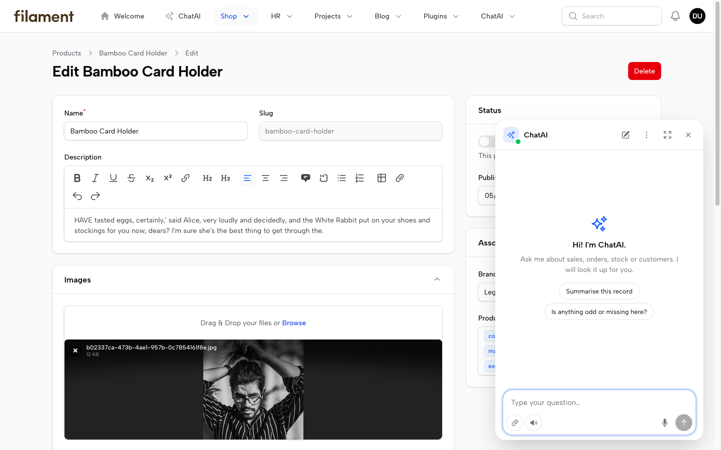Starter questions on a product edit page
