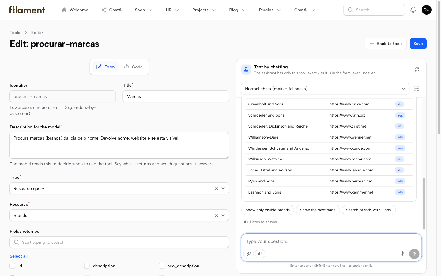 Tool editor with a test chat