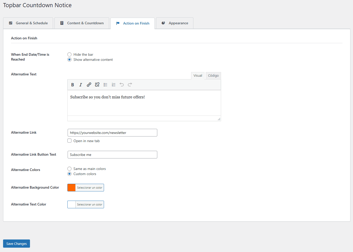 Finish Action Settings