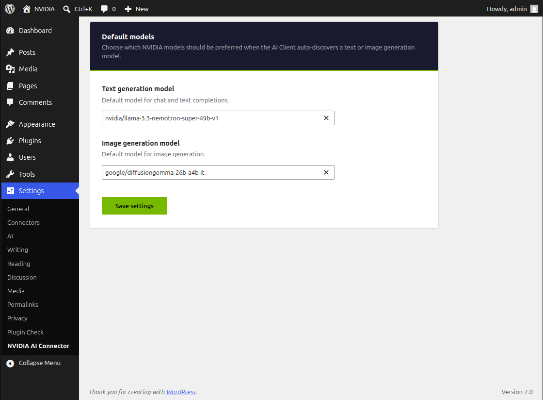 NVIDIA AI Connector settings page