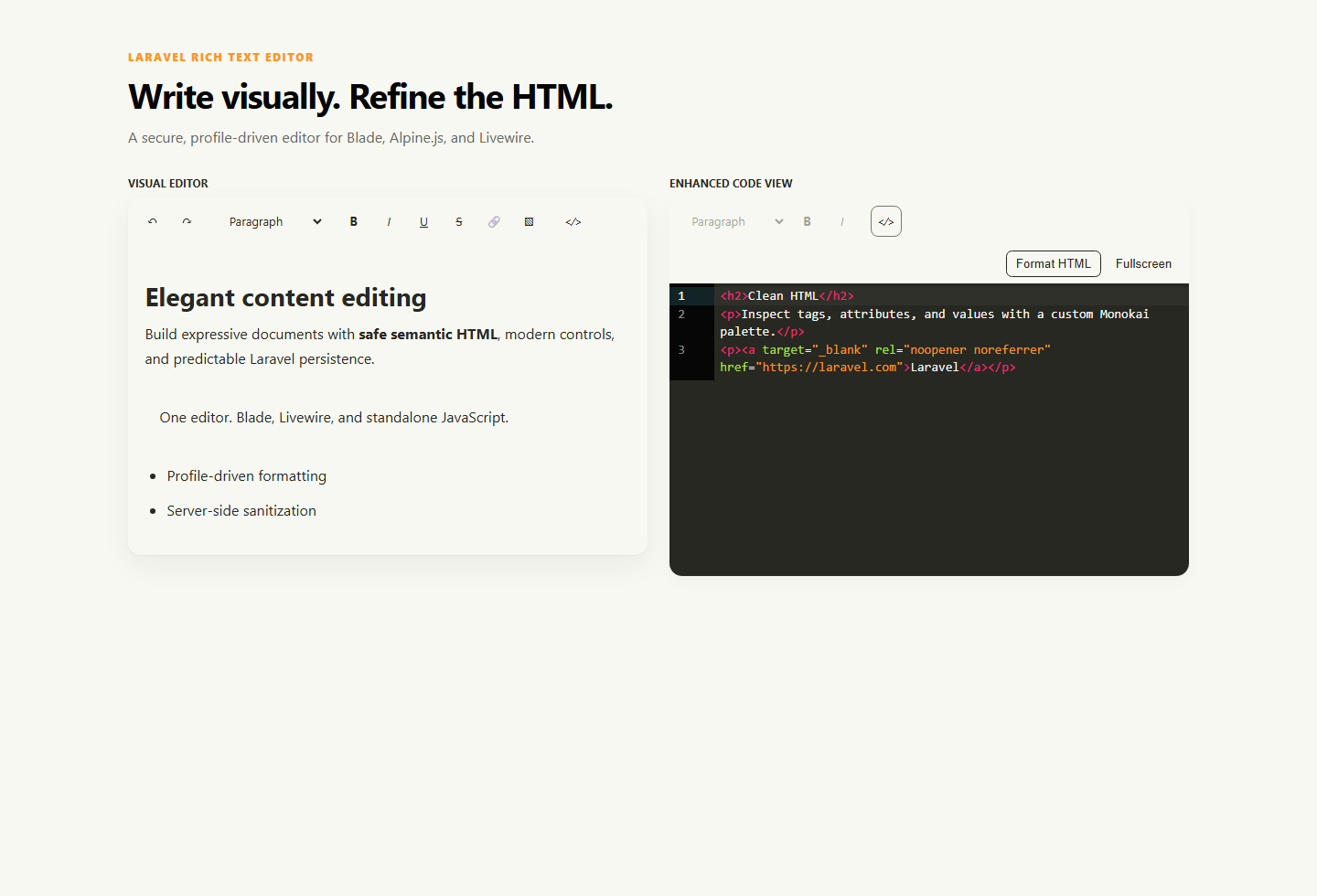 Visual editor and enhanced HTML code view