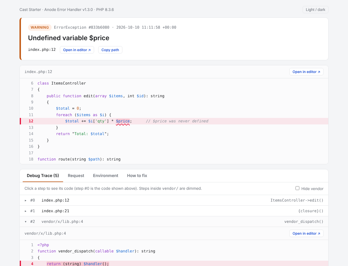 The development error page: the failing code with the part underlined in red, an Open in editor link, and the stack
