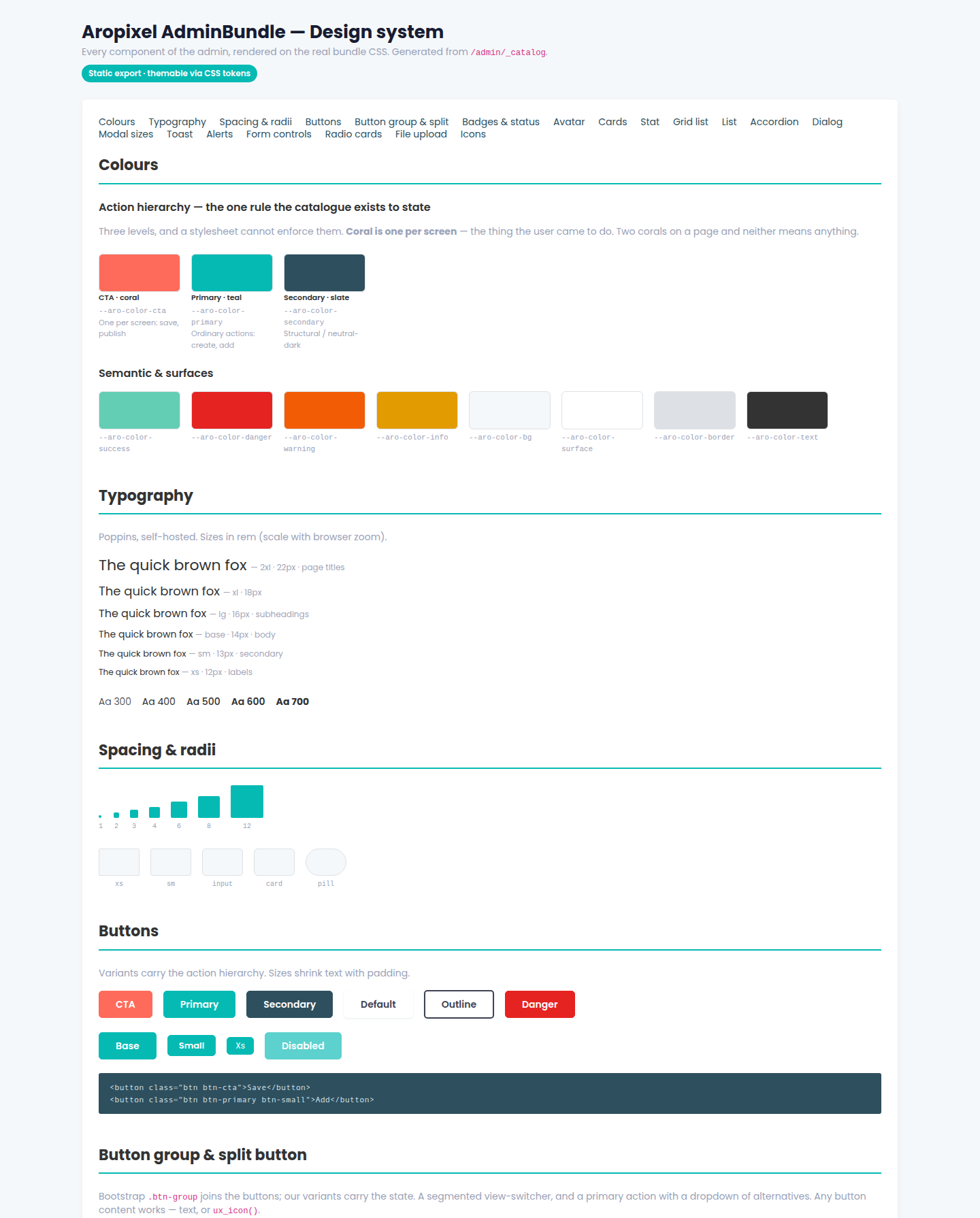 AropixelAdminBundle component catalogue — buttons, badges, colours and typography rendered on the real bundle CSS