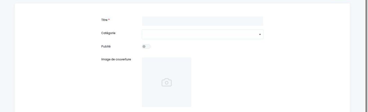 The rendered form: Title, Category (select), Published (toggle) and Cover image
