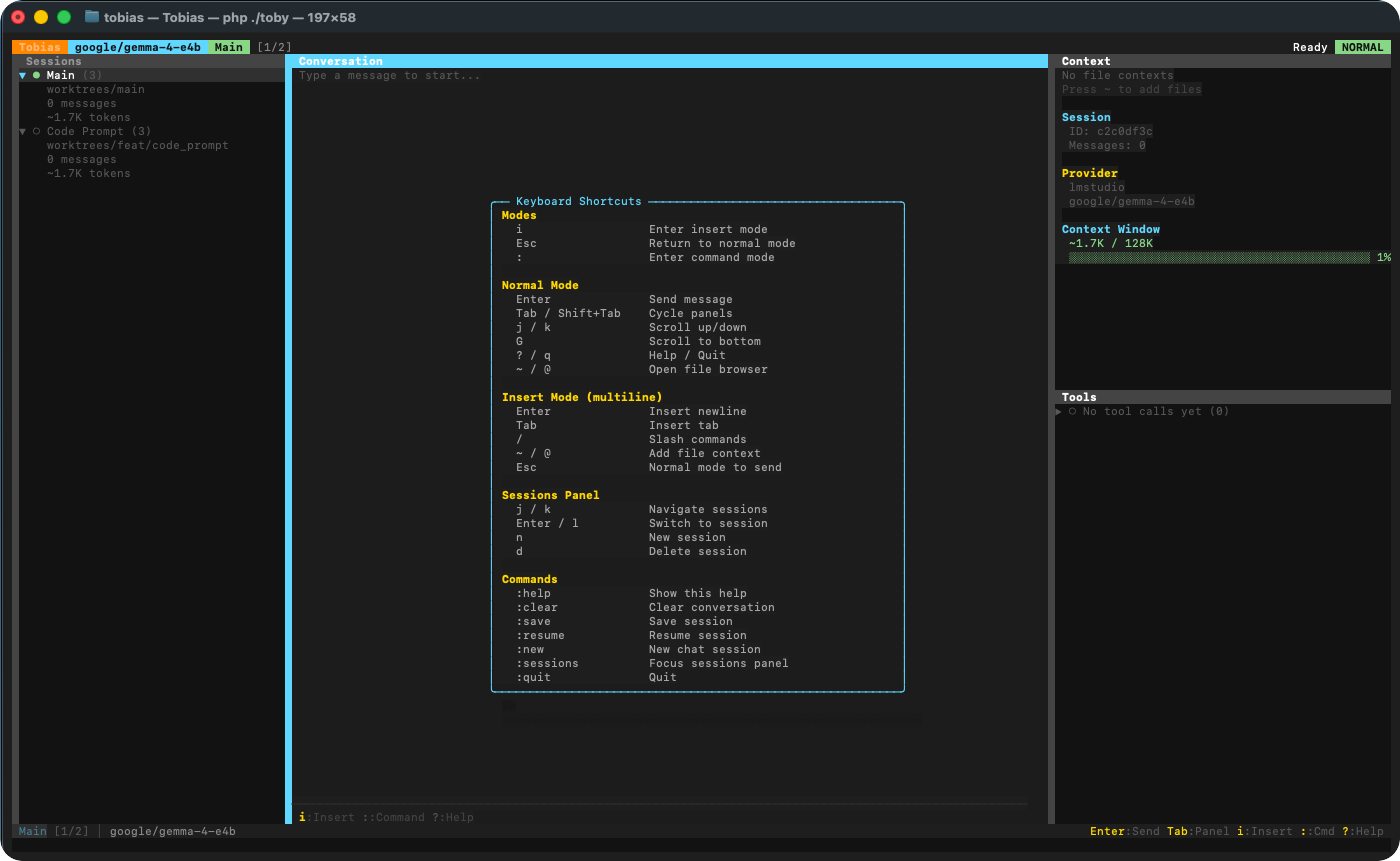 The Tobias TUI — sessions, conversation, context, and the keyboard-shortcuts overlay