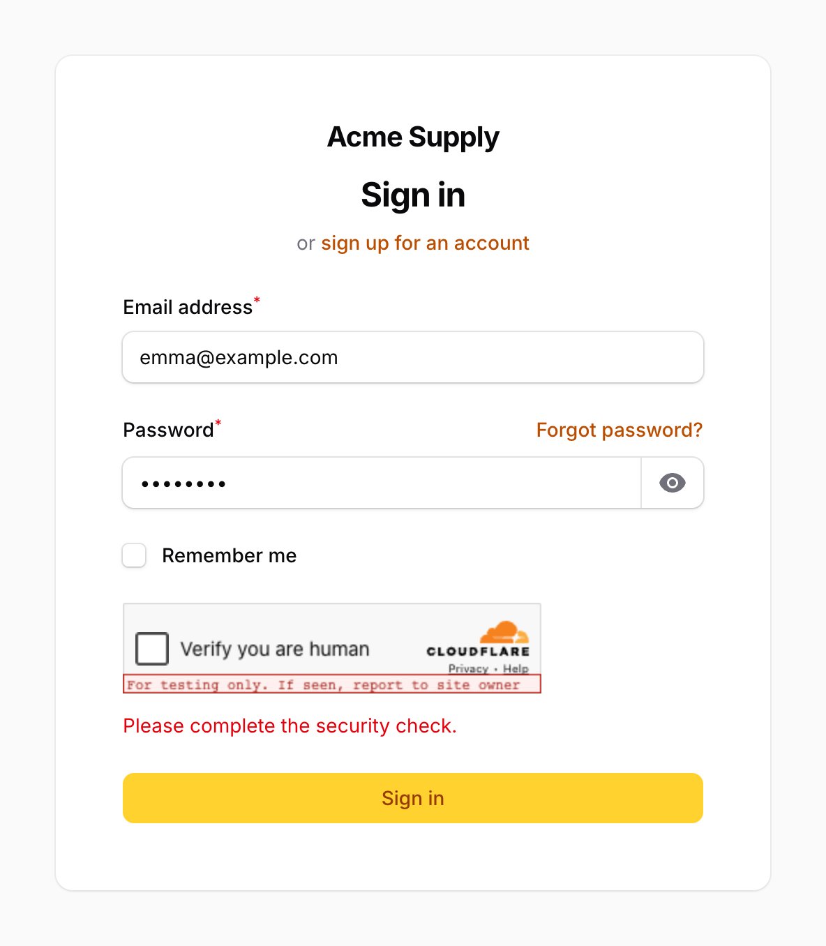 Error message under the captcha widget