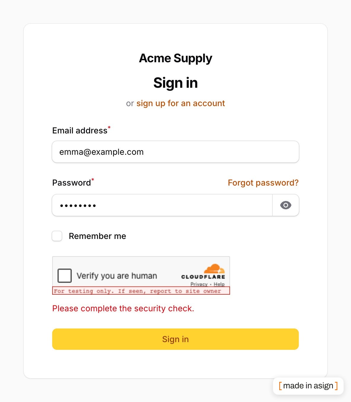 Error message under the captcha widget