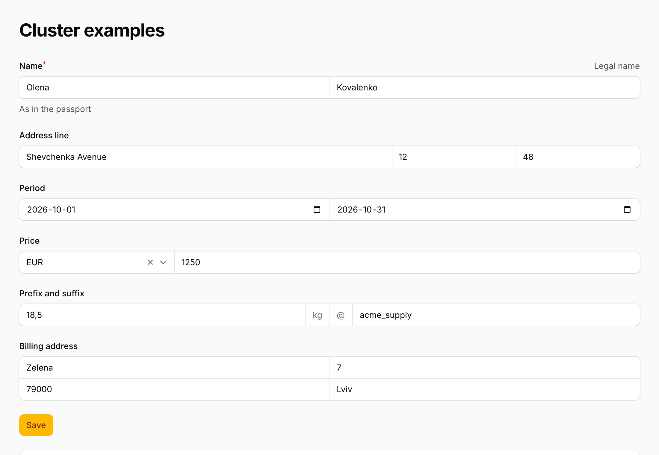 A form with clustered fields: name, address line, period, price, prefix and suffix, billing address