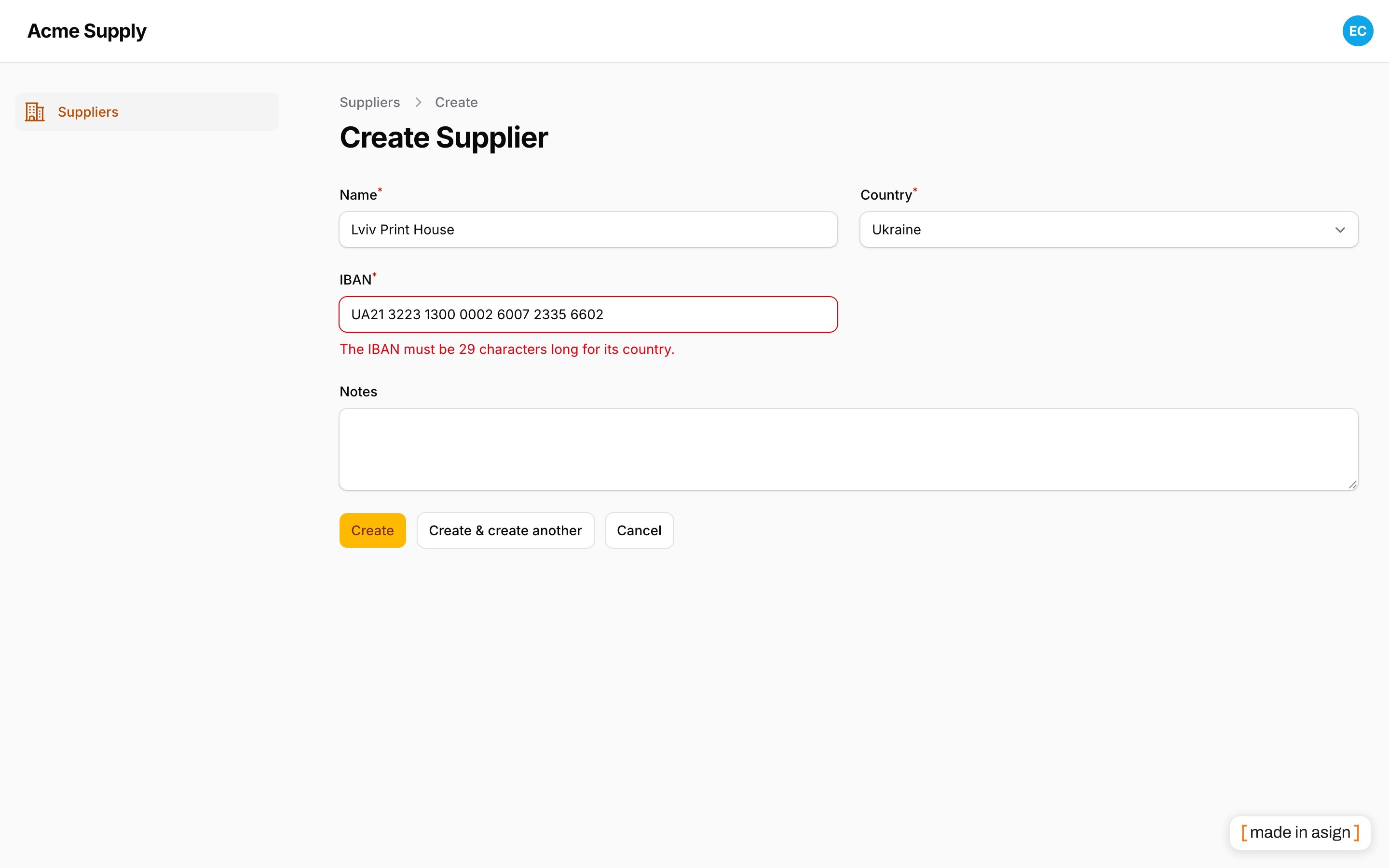 A validation error for a wrong IBAN