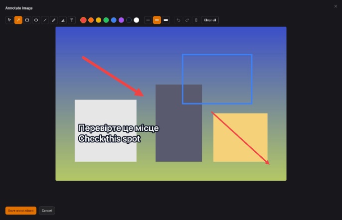 The editor: toolbar, colours and shapes over a photo
