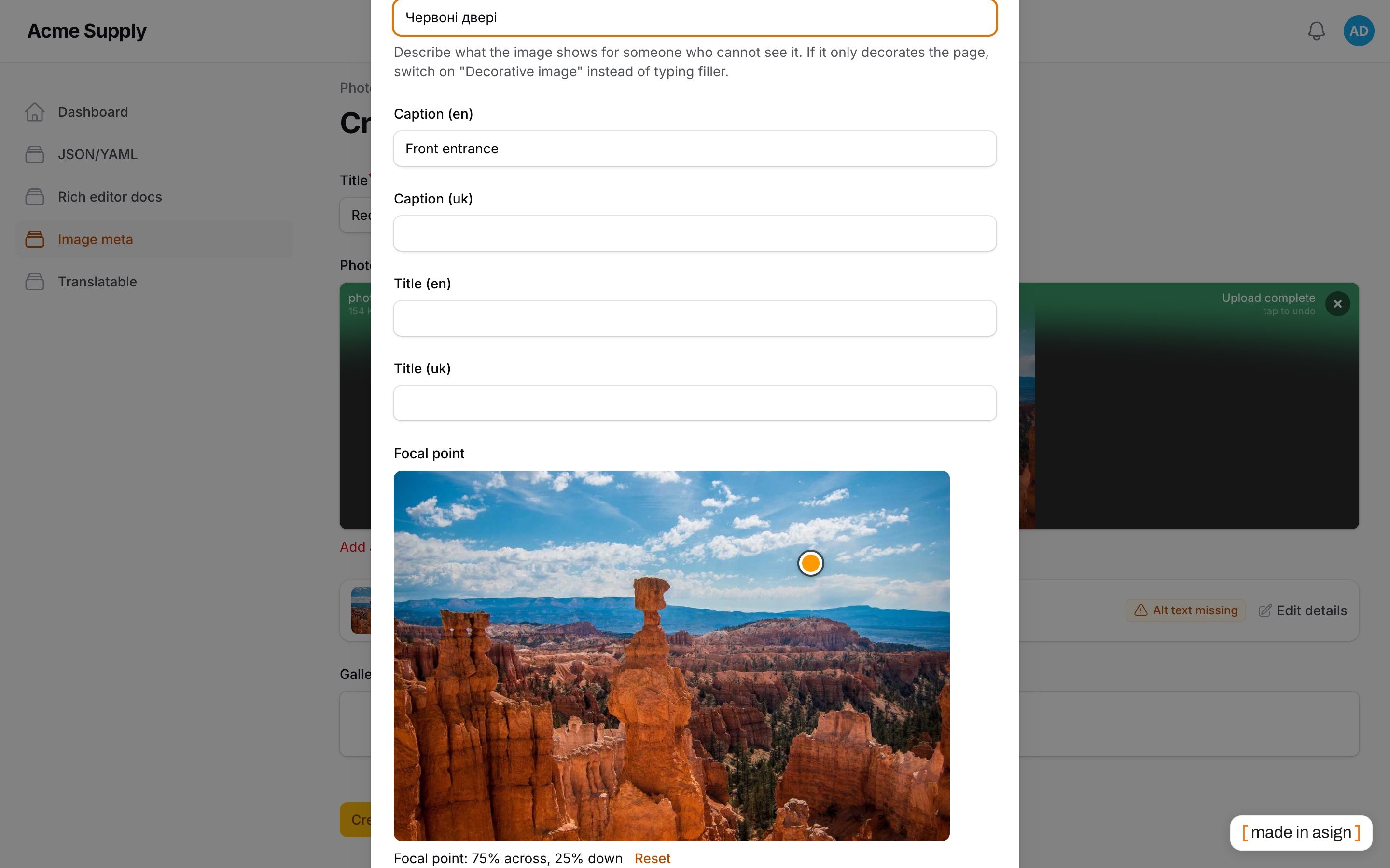 The details modal with alt per language and the focal-point picker