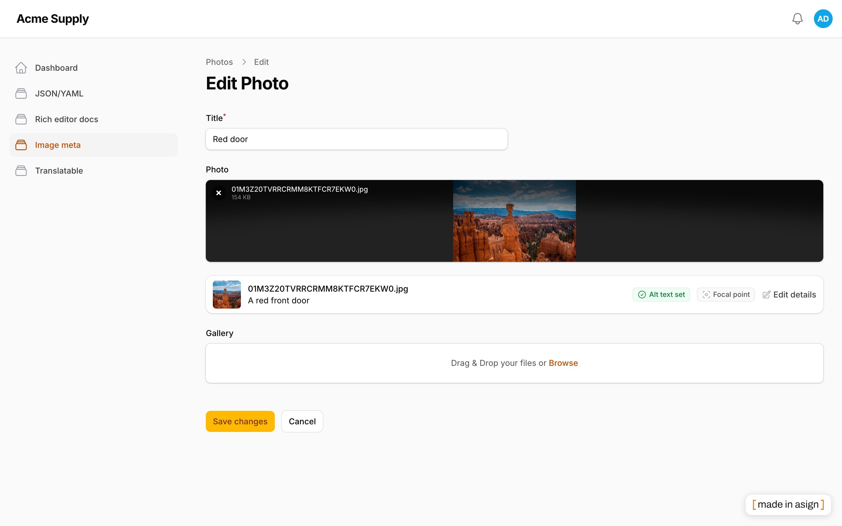 Upload row with alt text and status badges