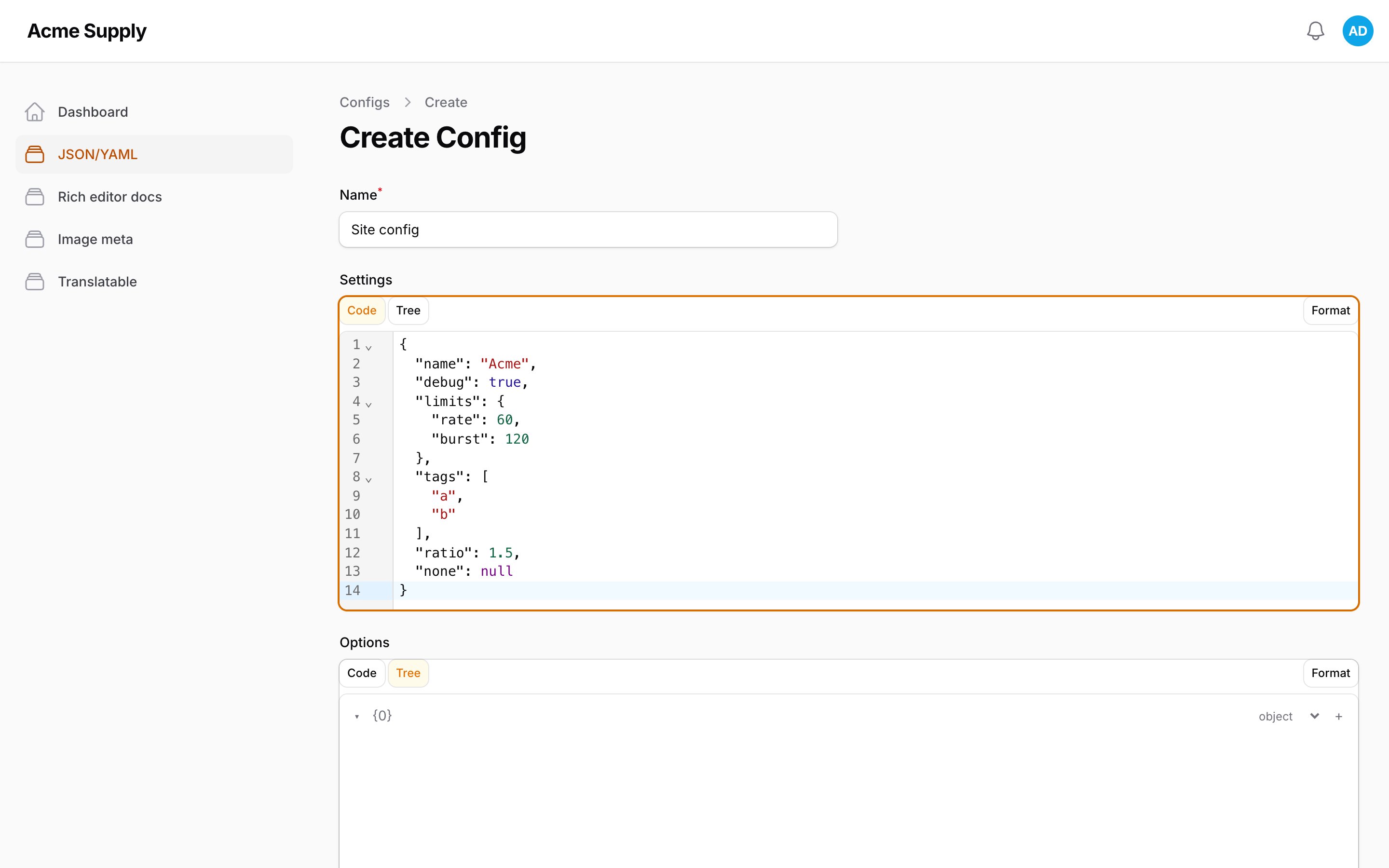 JSON code view with highlighting and a Format button