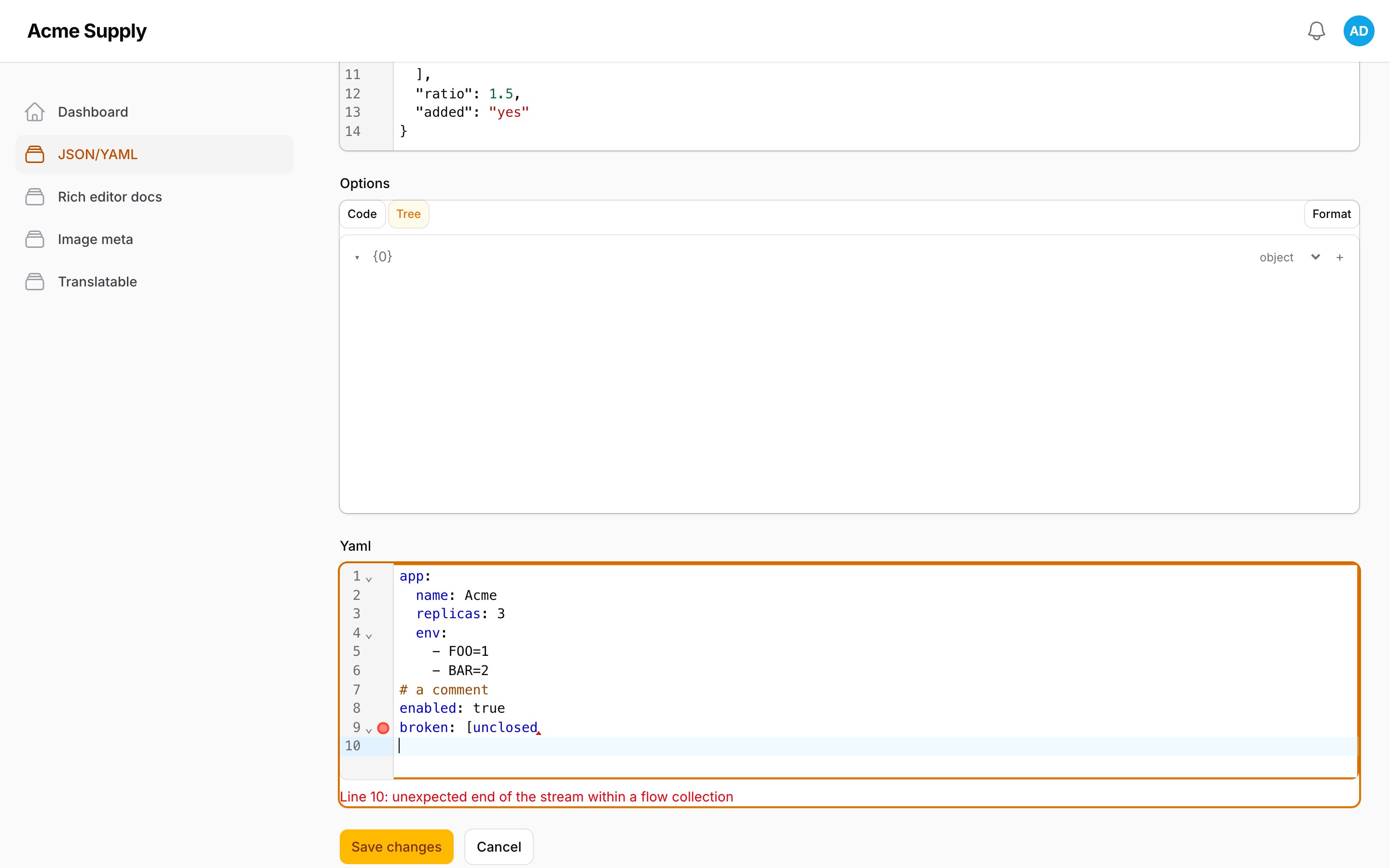 YAML editor with a lint error on the offending line