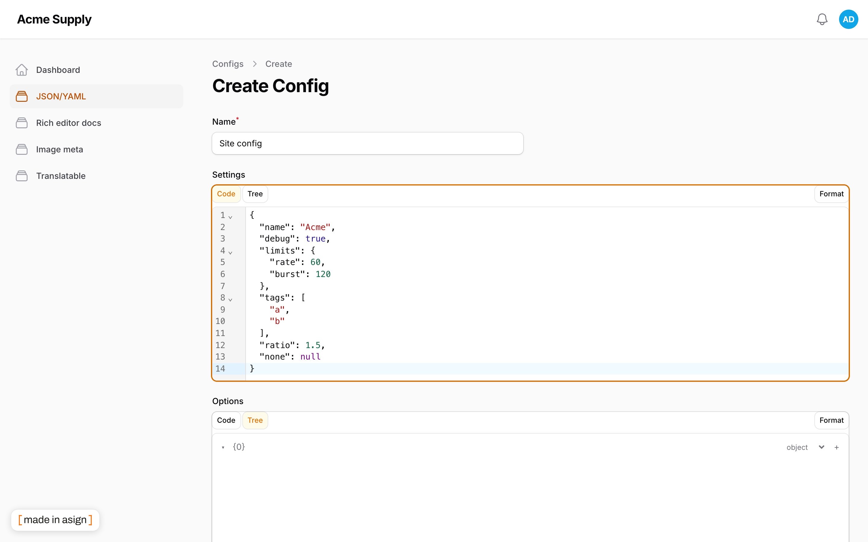 JSON code view with highlighting and a Format button