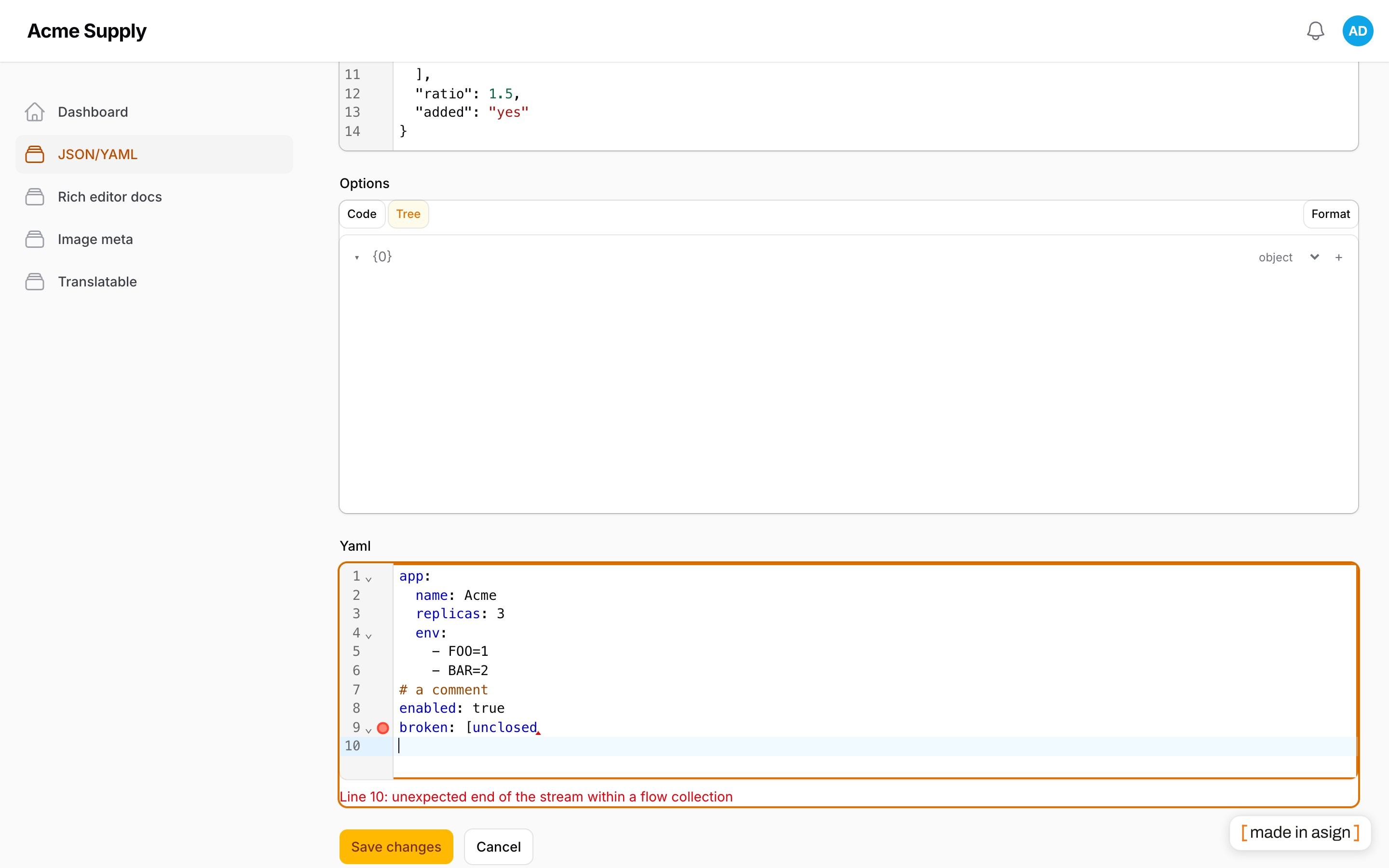 YAML editor with a lint error on the offending line