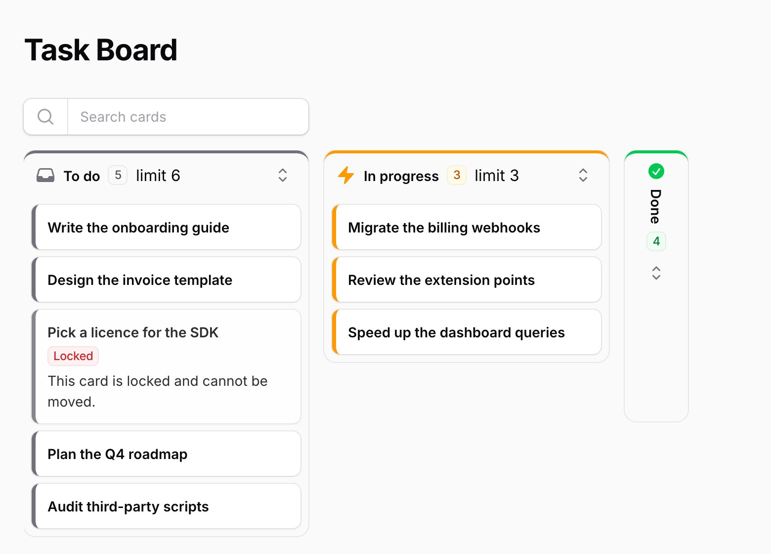 A Kanban board with three columns, a locked card and a collapsed Done column