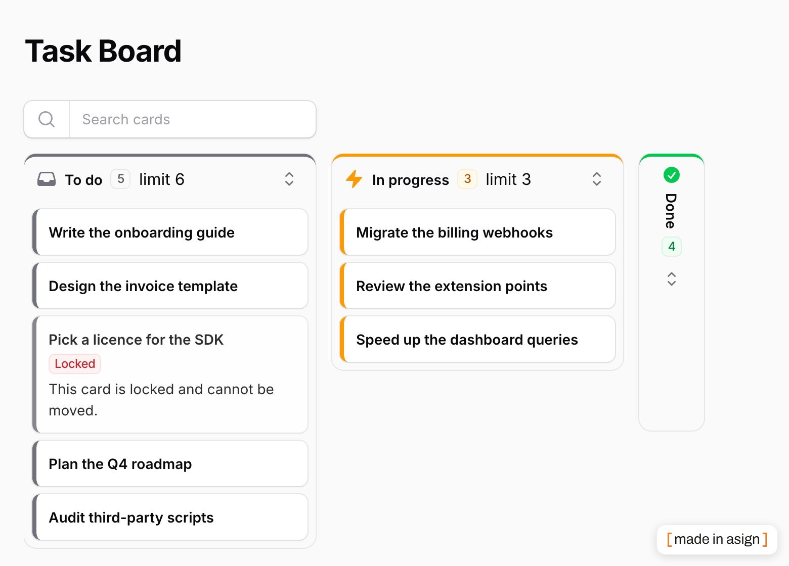 A Kanban board with three columns, a locked card and a collapsed Done column