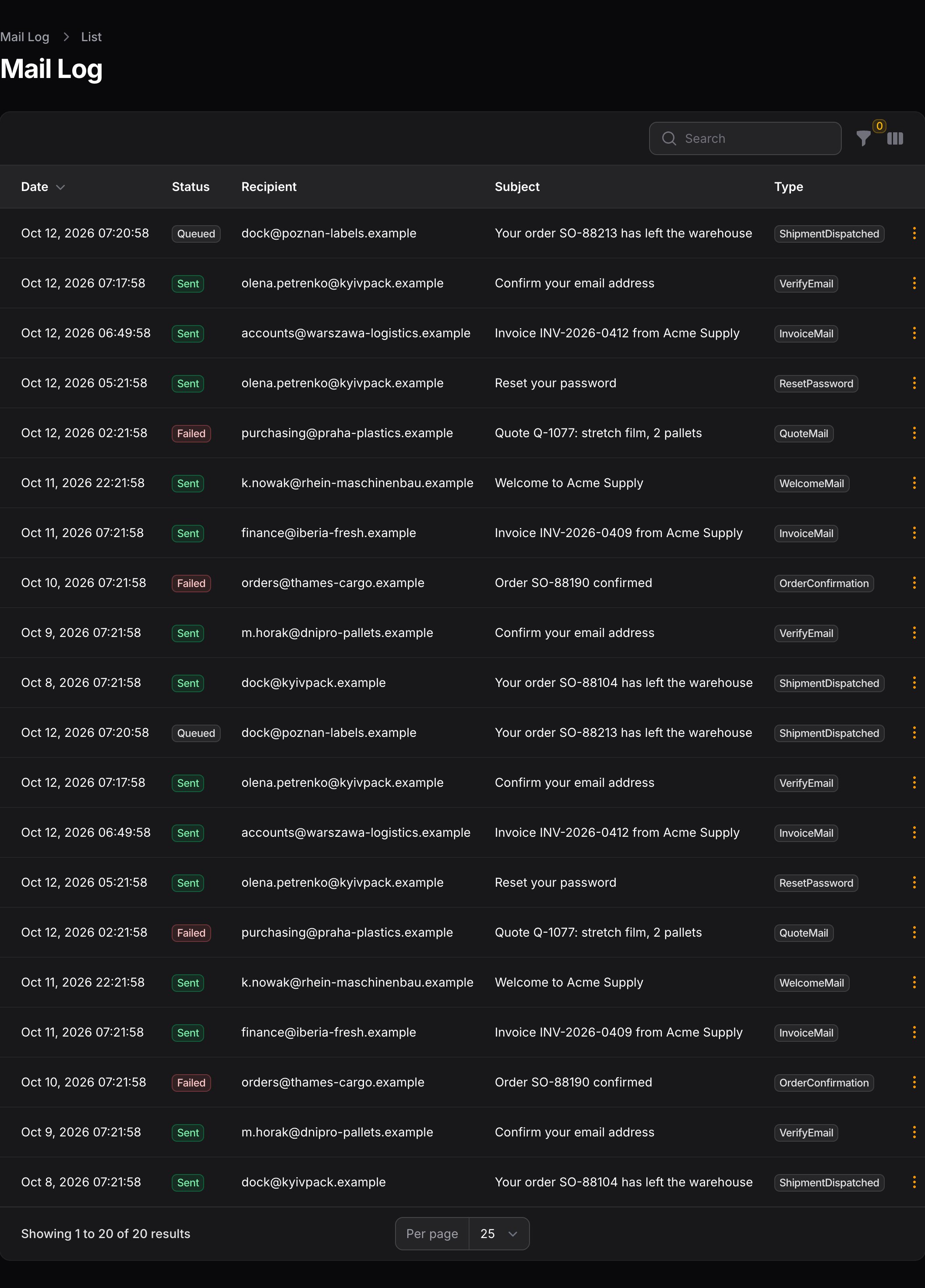 The mail log in dark mode